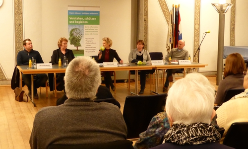 Der Blick aufs Podium im gut gefüllte Ratssaal: (von links) Lukacz Pobieda (Lukas-Werk Gesundheitsdienste), Dr. Katja Liebold (APZ-Königslutter), Ellen Arndt (Moderation, AWO-Wolfenbüttel), Christine Wiesner (Klinikum Wolfenbüttel), Dr. Tobias Jüttner (Klinikum Wolfenbüttel). Foto: Sabine Resch-Hoppstock