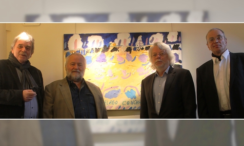 DenkMalKunst e.V.-Vorstand besucht Schaper-Ausstellung im Sickter Herrenhaus. Stv Vors. Reinhard Deitmar, Vorsitzender Matthias Muschick, Kassenwart Dr. Heinrich Füchtjohann, Schriftführer Hans Schaper. Foto: DenkMalKunst e.V.