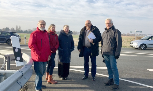 Die Vertreter von Bündnis 90/Die Grünen beim Ortstermin an der Landesstraße in Nähe des künftigen Naturschutzgebietes Herzogsberge. Von links: Hilmar Nagel, Ulrike Siemens, Christiane Wagner-Judith, Detlev Schulz-Hendel und Holger Barkhau. Foto: Die Grünen
