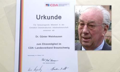 Urkunde für Dr. Günter Weinhausen. Foto: CDA-Landesverband Braunschweig