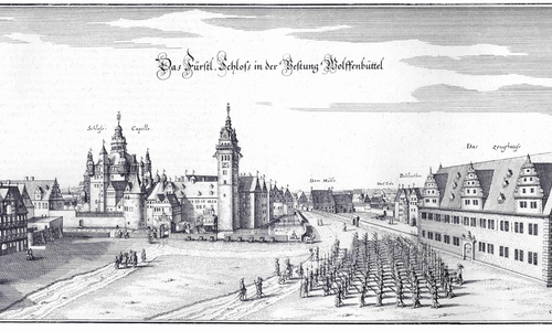 Schloss Wolfenbüttel von Osten, Caspar Merian nach Conrad Buno, Kupferstich 1654, Museum Wolfenbüttel. Foto: Kulturstadt Wolfenbüttel e.V.