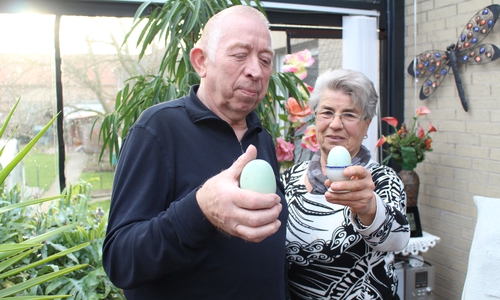 Günther und Ingrid Meyne mit ihrem Riesenei und einem üblichen Ei zum Vergleich. Fotos/Video: Max Förster/Jan Borner
