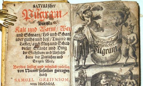 Titelblatt und Kupfertitel des „Satyrischen Pilgram“ von Hans Jacob Christoph von Grimmelshausen, 1. und 2. Teil, Leipzig (1667). Foto: HAB