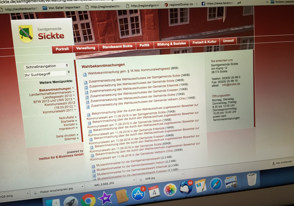 Auf Internetseite www.sickte.de können alle Informationen und Bekanntmachungen, rund um die Kommunalwahl 2016 abgerufen werden. Foto: Anke Donner 