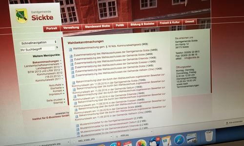 Auf Internetseite www.sickte.de können alle Informationen und Bekanntmachungen, rund um die Kommunalwahl 2016 abgerufen werden. Foto: Anke Donner 