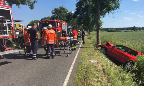 Der rote VW Polo einer 19-jährigen Fahrerin prallte nach einem gescheiterten Überholmanöver gegen einen Baum und landete im Graben. Fotos: aktuell24(BM)