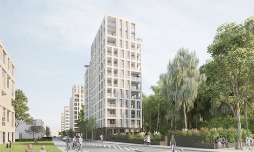 Das exponierte Wohnhaus, am Anfang der künftigen Waldstraße gelegen, markiert den südwestlichen Eingang in das neue Quartier Hellwinkel Terrassen. Foto: chora blau Visualisierung + Grafik, Hannover
