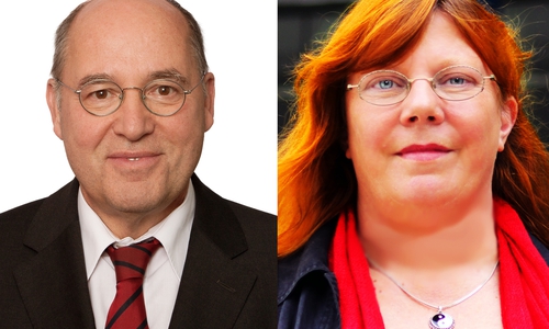 Pia Zimmermann (r.)  will am Mittwoch u.a. mit Gregor Gysi (l.) über das Aufkommen des Rechtspopulismus diskutieren. Fotos: Die Linke