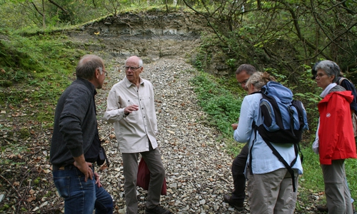 Im Destedter Steinbruch zeigt Manfred Hopf (2. V. Links) die unterschiedlichen Schichten. Foto: Diethelm Krause-Hotopp