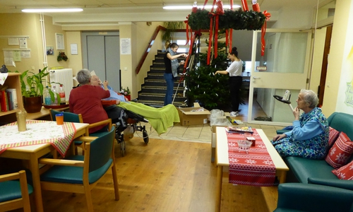 Sally und Hannah schmücken den Baum des Wohnbereiches Langhaus und die Bewohnerinnen nehmen aus etwas Entfernung daran Anteil, um die Verteilung der Lichterketten verbal zum begleiten. Foto: Privat