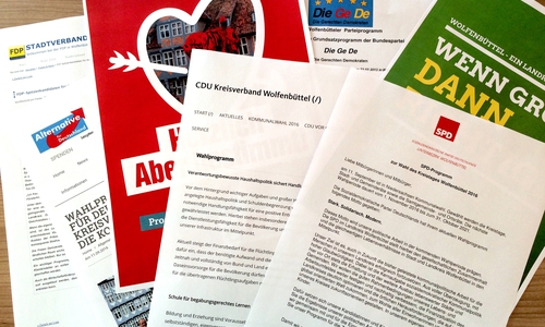Auszüge der Wahlprogramme der Wolfenbütteler Parteien. Symbolfoto: Marc Angerstein