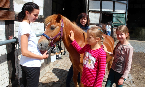 Melina (7 Jahre) aus Klein Denkte und Emma (10) aus Seinstedt bei einem Pferd. Laura Himbert und Annette Gerlach sehen zu.
Foto:Bernd-Uwe Meyer
