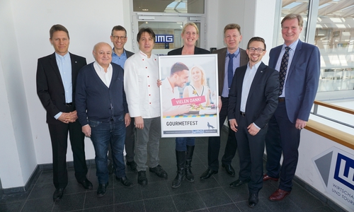 Christian Rühr (Projektverantwortlicher der WMG), Jovica Davidovic (Steakhaus Hackepeter), Roland Lohss (Parkhotel Wolfsburg), Giacomo Occhipinti (OCCHIPINTI Restaurant), Melanie Perricone (Lindenhof Nordsteimke), Norbert Steinweh (Vorsfelder Hof), Christopher Hesse (Abteilungsleiter Veranstaltungen der WMG), Joachim Schingale (Geschäftsführer der WMG). Foto: WMG