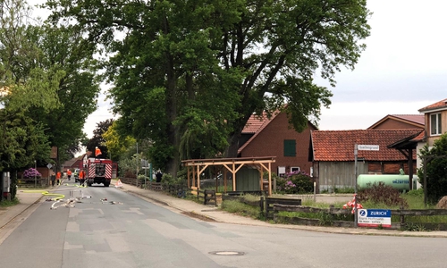 Einsatzkräfte warten in sicherer Entfernung. Foto: Timm Bußmann