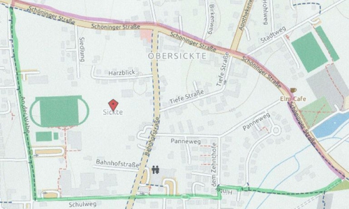 Die Sickter Grünen fordern eine Verbesserung der Verkehrssicherheit für Fahrradfahrer bei der Durchfahrt durch Sickte. Die von der grünen Ratsfraktion vorgeschlagene sichere Route für Fahrradfahrer durch Sickte (grüne Markierung) Foto/Kartenausschnitt: Holger Barkhau