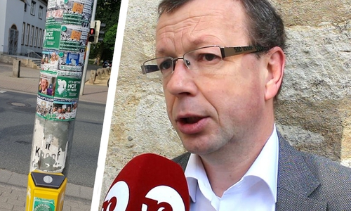 AfD-Fraktionsvorsitzender Stefan Marzischewski-Drewes beklagt sich über Beklebungen der 'Fridays for Future' Bewegung in der Innenstadt - hier an einem Ampelmast. Fotos: AfD/regionalHeute.de