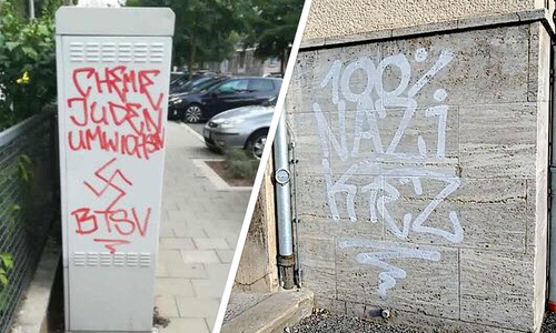 In der Waterloostraße (li.) und an der IGS Franzsches Feld wurden Nazi-Parolen hinterlassen. Fotos: Bündnis gegen Rechts
