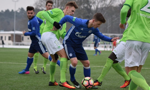 Enge Zweikämpfe zwischen Wolfsburg und Schalke. Fotos: Moritz Eden