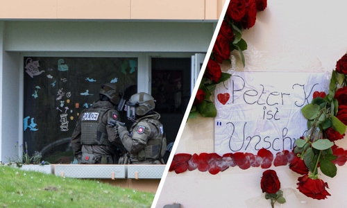 Peter K. starb bei einem Polizeieinsatz am Hans-Blöckler-Ring (l.). Vor seiner Wohnung in der Einsteinstraße (r.) wurden mittlerweile Blumen niedergelegt, ebenso wie ein Blatt Papier auf dem „Peter K. ist unschuldig" geschrieben steht. Fotos: Rudolf Karliczek