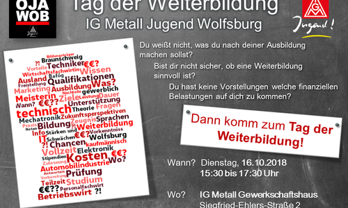 Die IG Metall Wolfsburg lädt zum Tag der Weiterbildung des Ortsjugendausschusses (OJA) der IG Metall Wolfsburg am 16. Oktober ein. Quelle: IG Metall Wolfsburg