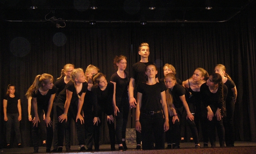 Die beiden Klassen bei der Aufführung auf der Bühne. Fotos: Gymnasium im Schloss