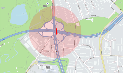 Das Kreuz Süd. Rot eingezeichnet, wo eine mögliche Behelfsbrücke gebaut werden könnte. Karte: maps4news.com/©HERE