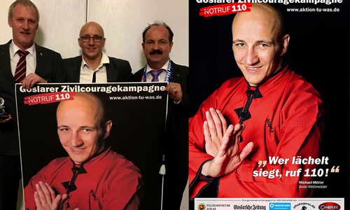 Schilff und Koschig stellen GZK-Aktionsplakat des Kampfsportasses in Rheine vor. Foto: GZK; Plakat: Heike Göttert