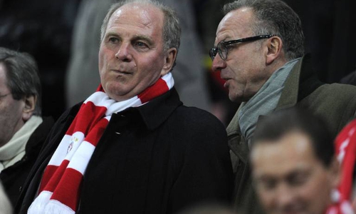 Rundumschlag gegen die Medien: Uli Hoeneß und Karl Heinz Rummenigge. Foto: imago/Team 2