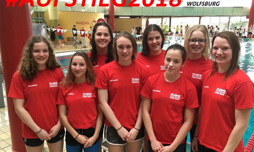 v.l.: Samantha Herfert, Sophie Kral, Maja Schirmer, Eileen Schulze, Franziska Hauptmann, Elisabeth Koal, Anna de Boer, Philine Koch. Foto: TV Jahn Wolfsburg