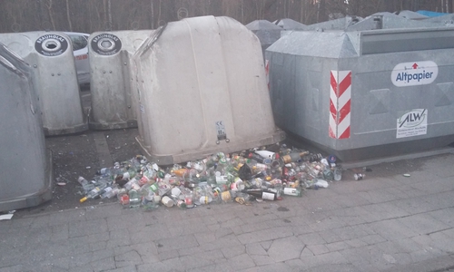 Für die Anwohnerin machte das Bild den Eindruck, als wären die Flaschen einfach vor den Container geschmissen worden. Foto: Privat
