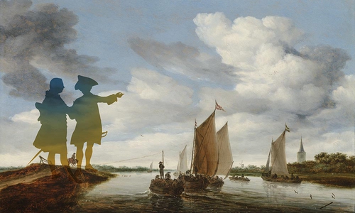 Bild: Montage mit Flusslandschaft mit Segelbooten und einer Trekschute. Salomon van Ruysdael, 1660, Mauritshuis, Den Haag.