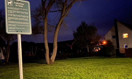 Die neue Hundewiese an der Ecke Mühlengraben / Im Winkel in Grasleben: Ein Schild bietet Hinweise für die reibungslose Nutzung. Foto: Gemeinde Grasleben