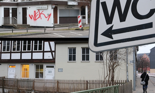 Der Abriss des alten Kiosk-Gebäudes, nebst Toilettenanlage (Foto oben), wurde am Dienstagabend im Bauausschuss empfohlen. Und auch für die Öffentliche Toilette in der ehemaligen Landwirtschaftsschule soll es keine Zukunft geben. Fotos: Werner Heise