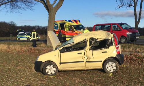 Auto prallt gegen Baum, überschlägt sich und kommt auf Feld zum Stehen. Foto: Frederick Becker