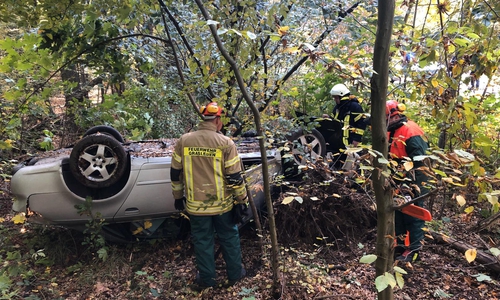 Das Auto landete auf dem Dach liegend im Wald. Foto: Feuerwehr Grasleben