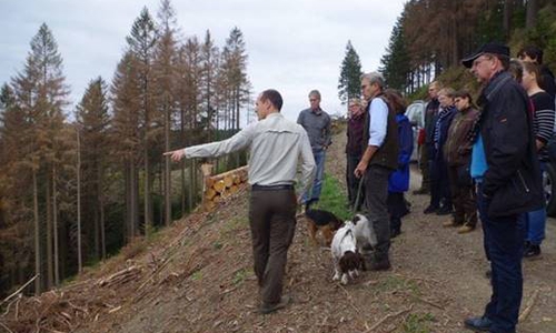 Betriebsdezernent Christian Schulz (links) vom Forstamt Clausthal zeigt an der Blochschleife durch Borkenkäferbefall flächig abgestorbene Fichtenwälder


Foto: Niedersächsische Landesforsten