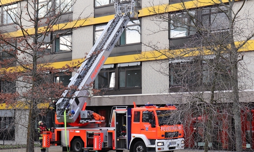 Auch die Drehleiter musste in diesem Szenario zum Einsatz kommen, um Patienten aus ihren Zimmern zu retten. Foto und Video: Julia Seidel