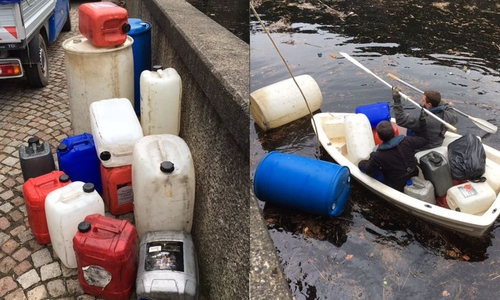 Kanister mit dem Fassungsvermögen von 20 Litern, in den Farben rot, blau , grau und weiss sowie zwei Tonnen mit Fassungsvermögen 200 Liter, in den Farben weiss und blau und ein 60 Liter-Kanister wurden von Mitarbeitern der Harzwasserwerke aus der Okertalsperre gefischt. Fotos: Polizeiinspektion Goslar 