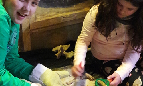 Die Forscher-Kids Lara und Linda forschen in der Ausgrabungsstätte im AHA-Erlebnismuseum. Foto: AHA-Erlebnismuseum