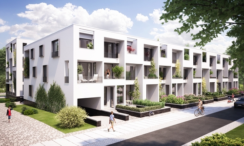 Visualisierung des geplanten Wohnhofs an der Reislinger Straße. Visualisierung: Buhlmann Immobilien GmbH, Bremen.