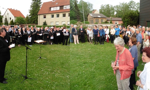 Zum 40-Jährigen Jubiläum der Thomaskantorei Wolfenbüttel wurde nach dem Jubiläumskonzert noch zum gemeinsamen Anstoßen auf die Wiese vor der Thomaskirche an der Jahnstraße eingeladen. Fotos: Bodo Walther
Fotomontage: Andreas Riekeberg 
