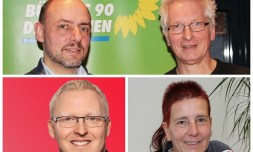 Reinhard Gerndt (stellvertretender Vorsitzender der Grüne-Fraktion), Holger Barkhau (Grüne-Fraktionsvorsitzender), Falk Hensel (SPD-Fraktionsvorsitzender) und Sabine Resch-Hoppstock (SPD-Kreistagsabgeordnete) äußern sich zur IGS Schöppenstedt. Foto: Archiv