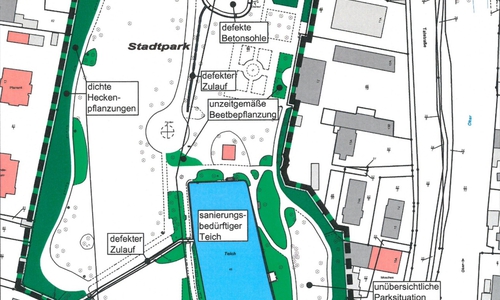 Ein Ausschnitt des Bestandsplanes zeigt: Im Stadtpark Oker stehen einige Maßnahmen auf der Agenda. Grafik: Stadt Goslar