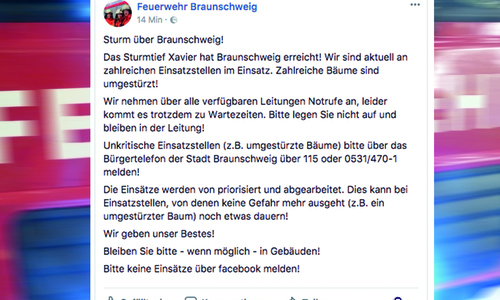 Auf Facebook warnt die Feuerwehr Braunschweig vor dem Herbststurm Xavier. Quelle: Facebook