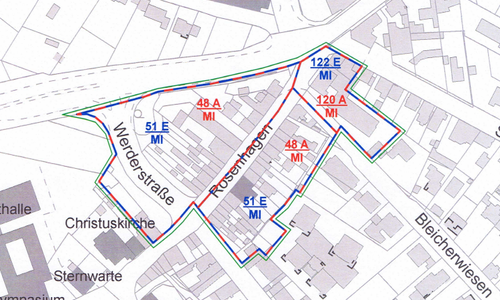 Die Karte zeigt die Erfassung des Straßenzuges Rosenhagen und die verschiedenen Bodenrichtwertzonen. Karte: Stadt Peine