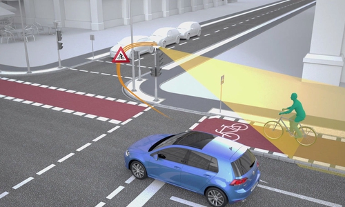 Sensoren an der Ampel erfassen den Radfahrer und warnen den Autofahrer. Grafik: Volkswagen 