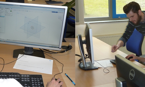 Britta Petereit, Theodor-Heuss-Gymnasium, bei der Erstellung einer Bauzeichnung zur Vorbereitung für den 3D-Druck. Hilfefstellung gibt es von Thorsten Wollny, Ostfalia. Foto: Evelyn Meyer-Kube 