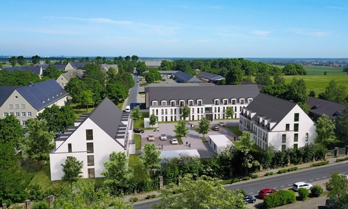 Die Visualisierung zeigt, wie gut sich die drei neuen Wohnheime in das denkmalgeschützte Exer-Gelände an der Südseite einfügen werden. Grafik: bauplan GmbH.