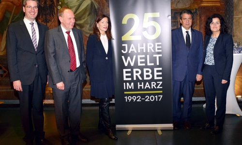 Zum Abschluss finden sich die Rednerinnen und Redner zum Gruppenfoto zusammen (von links): Dr. Oliver Junk, Gerhard Lenz, Prof. Dr. Verena Metze-Mangold, Sigmar Gabriel und Dr. Gabriele Heinen-Kljajic. Fotos: Stadt Goslar: