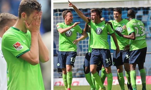 Achterbahn der Gefühle: Nur knapp 70 Minuten liegen zwischen diesen Bildern. Robin Knoche mit der verdienten Führung (re.) und nach dem Spiel. Verspielt der VfL Wolfsburg nun alles? Fotos: Agentur Hübner
